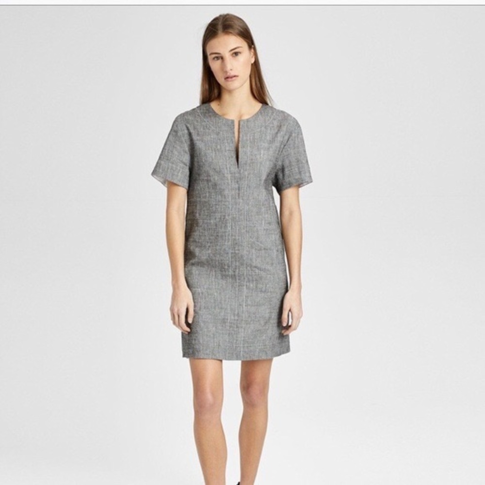 Navy Blue Theory Linen Slit Front Shift Dress